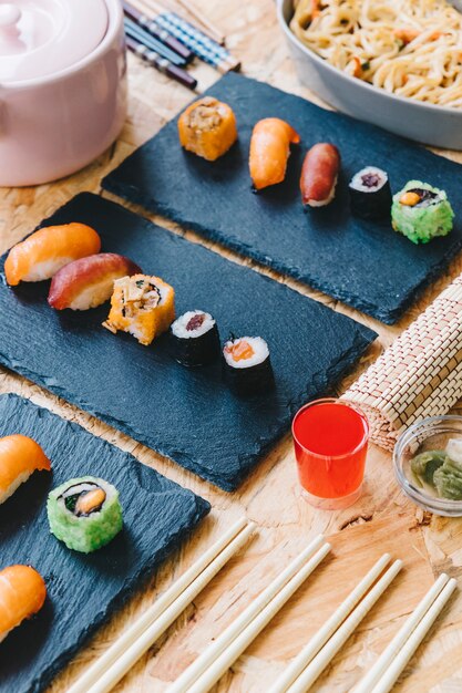 Served sushi on table