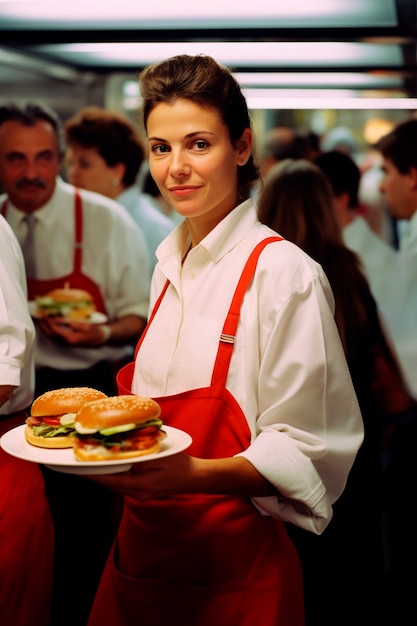 Free photo server bringing a burger meal in dinner