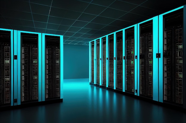 Серверные стойки в компьютерной сети, серверная комната, центр обработки данных, темно-синий генеративный ай