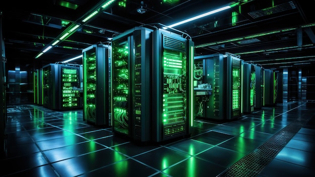 A server room with green lights indicating energyefficient operations