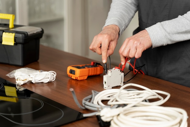 Service maintenance worker repairing