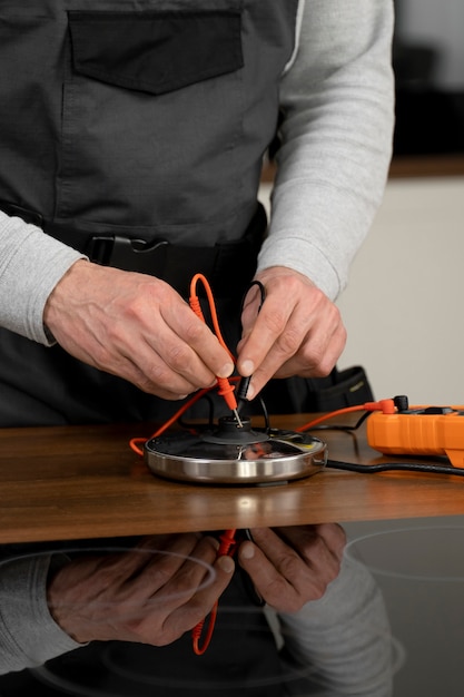 Service maintenance worker repairing