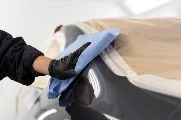 Service worker painting car in auto service