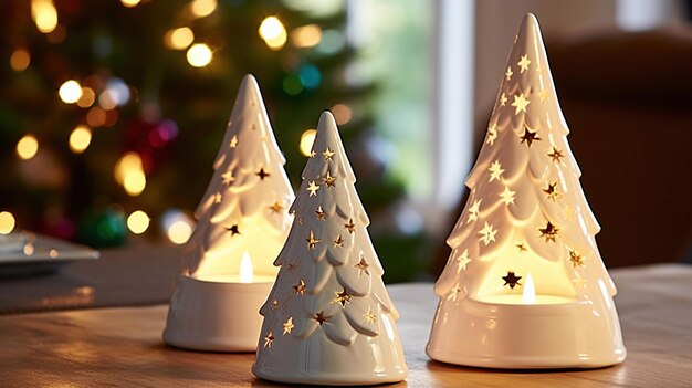 Set against a festive backdrop ceramic Christmas trees stand on a table illuminated by candles and decorations