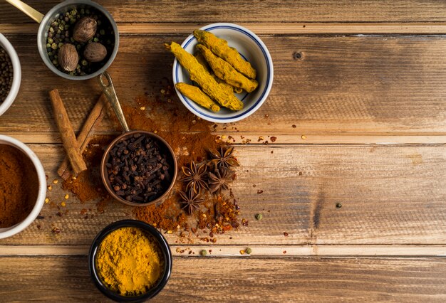 Set of aromatic spices on table