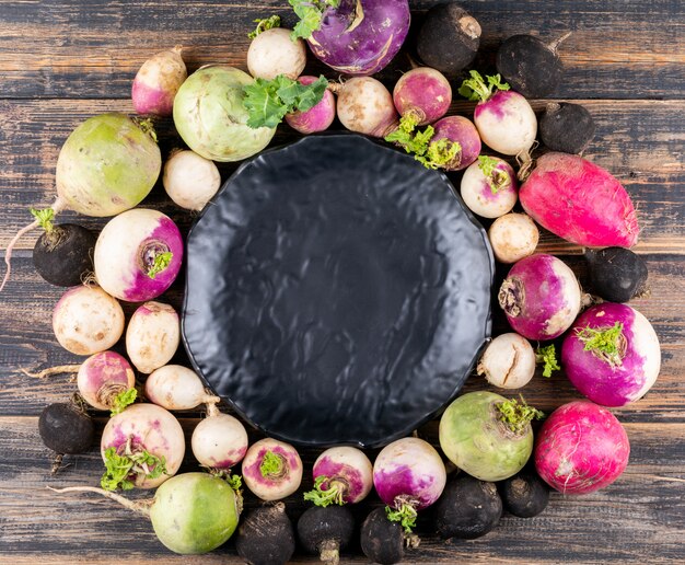 Set of black elegant plate and fresh different color radishes