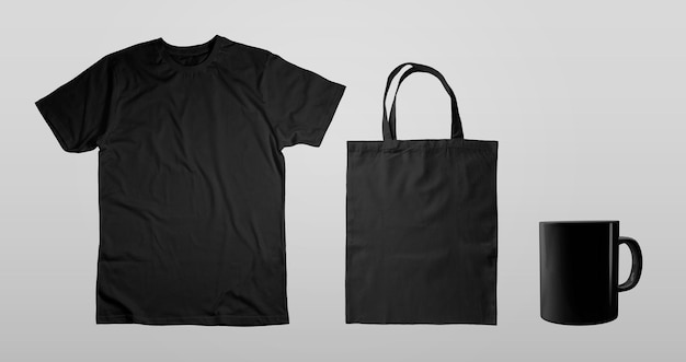 Set of Black Tshirt Tote Bag and Mug on light background