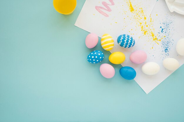 Set of bright eggs near sheets