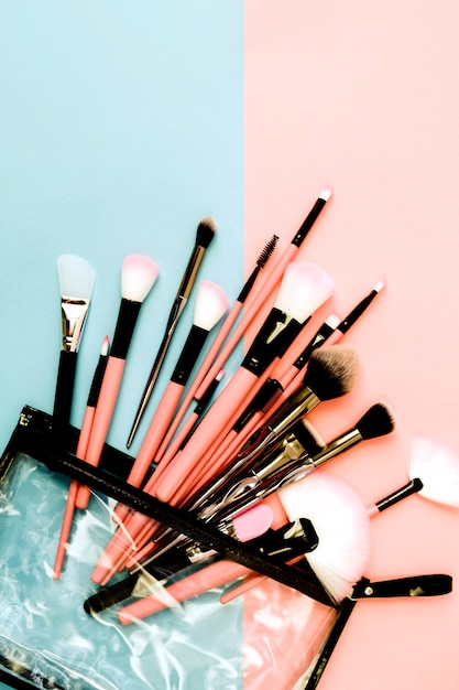 Set of brushes in makeup bag