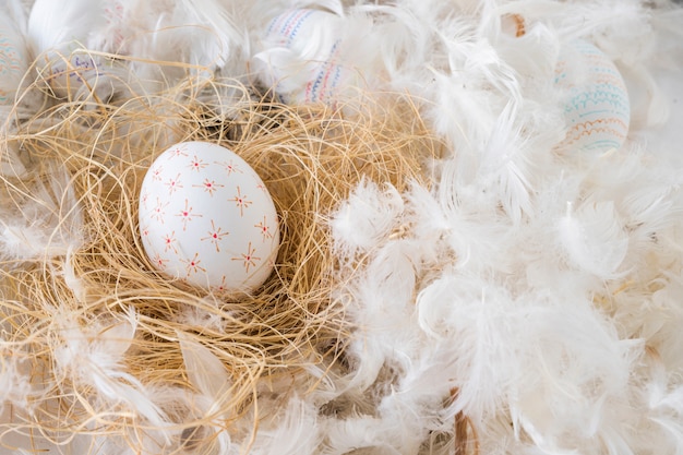 Set of Easter eggs on hay between heap of feathers