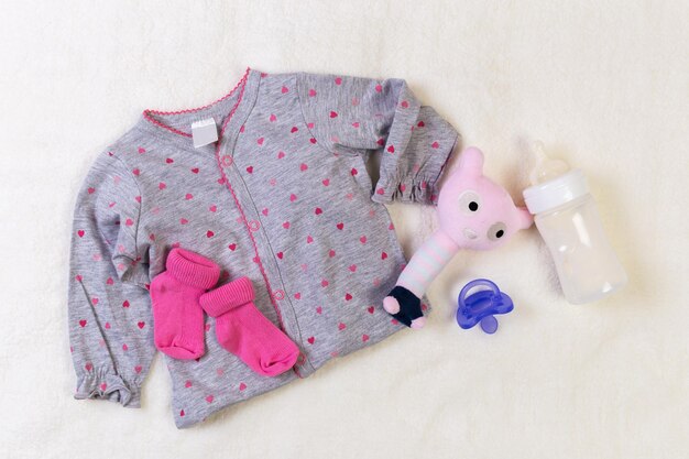 Set of fashion trendy clothes and kids stuff for little baby girl