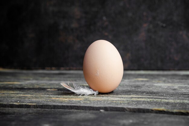 Set of feather and egg on a dark wooden background. side view.