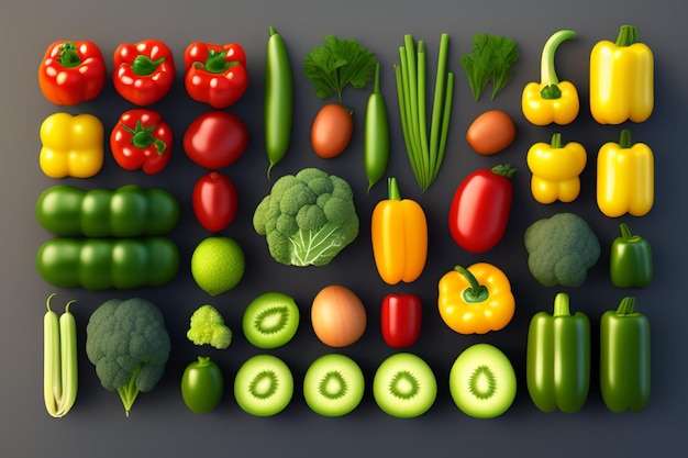 녹색을 포함하는 과일과 채소 세트.