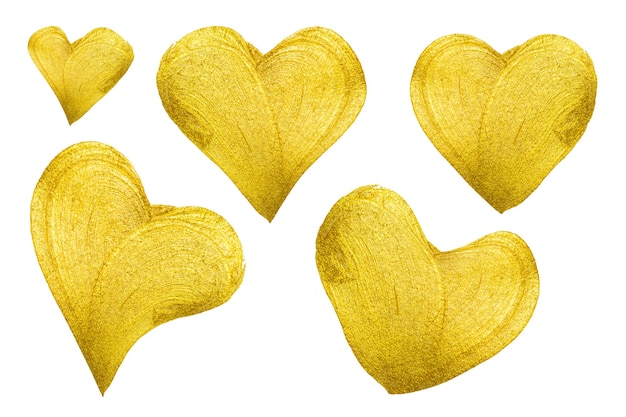 Set of golden hand drawn heart. gold brush stroke design element for greeting, gift, wedding, birthday card.