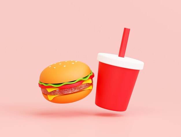 ハンバーガーとソーダのファーストフード漫画アイコン サインまたはシンボル レストラン ロゴ背景 3 D イラストのセット