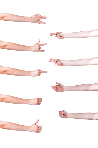 Set of hands in different gestures on white background