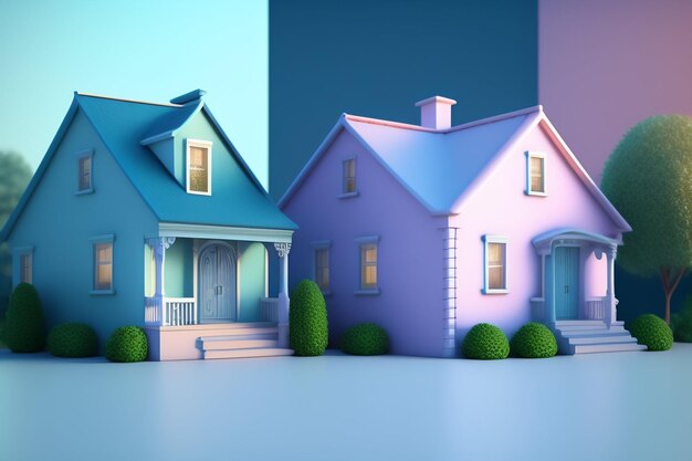 屋根が青い家と屋根がピンクの青い家のセット。