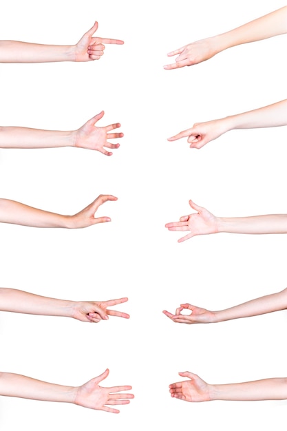 Set of human hands gesturing on white background