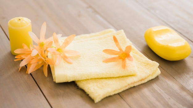 Set of hygienic items on wooden table