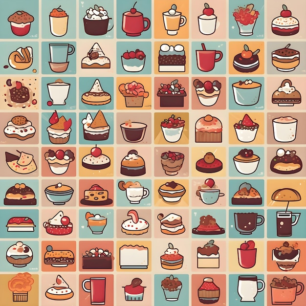 Set di icone con caffè e torte in stile piatto illustrazione vettoriale