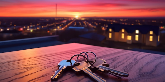 Set of keys lies on a table the promise of home set against a twilight sky