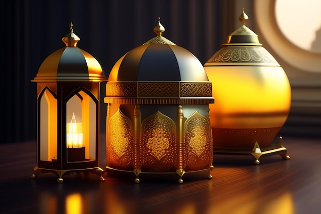 A set of lanterns with the words ramadan on the bottom.