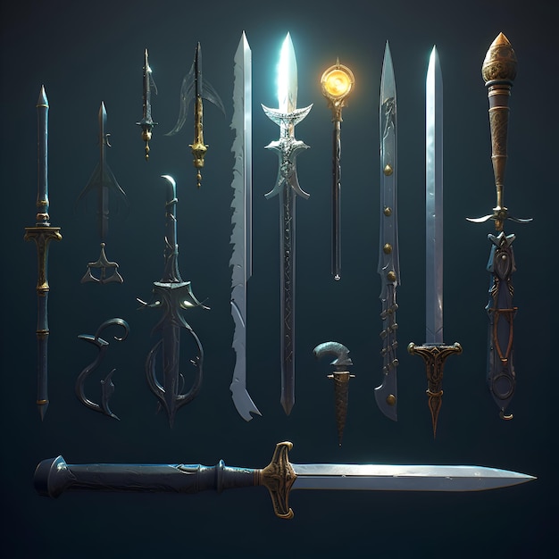 Набор средневековых мечей и кинжалов, изолированных на темном фоне 3D-иллюстрации
