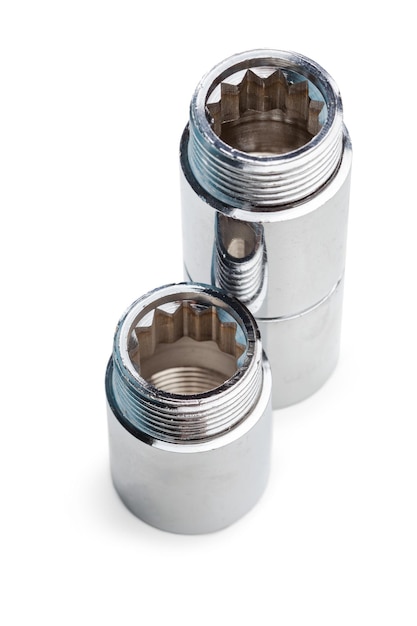 Set of metalplastic plumbing couplings adapters plugs isolated on white background