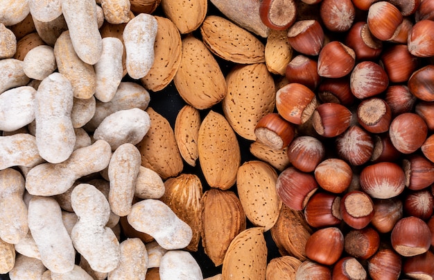 Set of peanut, hazelnut and almond close-up