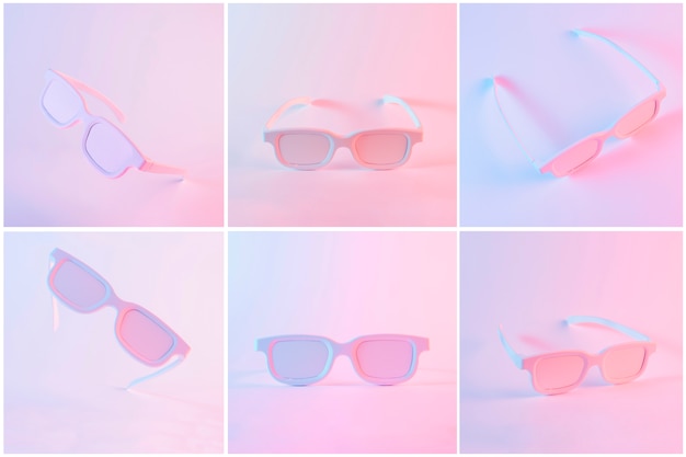 Set of pink painted eyeglasses against colored background