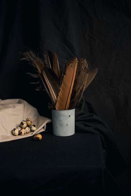 Set of quail eggs on napkin near feathers in can