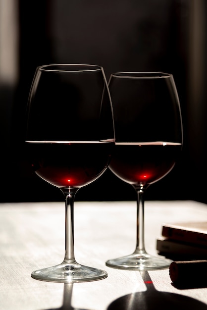 Set of red wine glasses on table