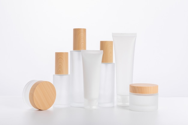Set of skincare bottles and containers