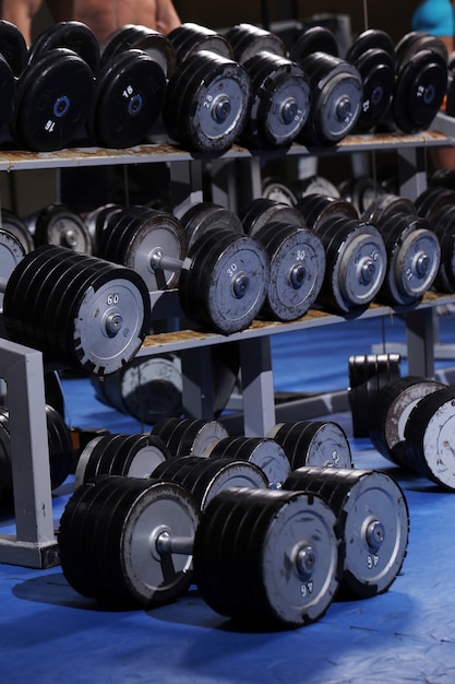 A set up with many dumbbells