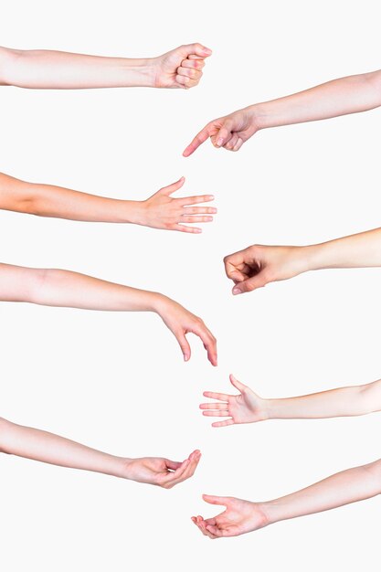 Set of various hand gestures on white backdrop