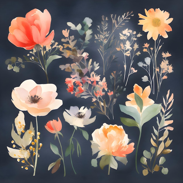 Free photo set of watercolor flowers hand drawn vector illustration on chalkboard