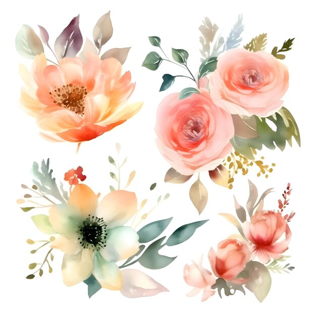 Set of watercolor flowers Isolated on a white background