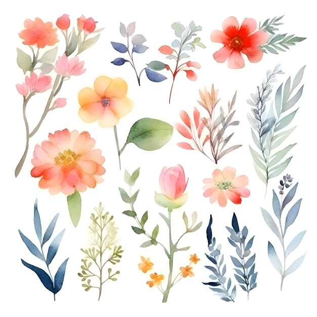 Set of watercolor flowers and leaves isolated on white background Hand drawn illustration