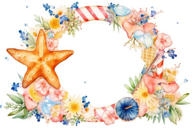 Set of watercolor summer wreath on white background Ai generative