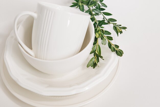 set of white dishes of three plates and a cup decorated with a branch of eucalyptus