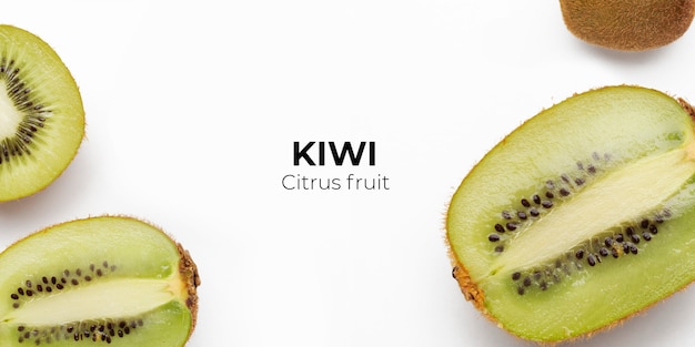 Set of whole and cut fresh kiwi and slices isolated on white surface from top view