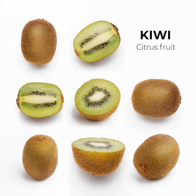 Set of whole and cut fresh kiwi and slices isolated on white surface from top view