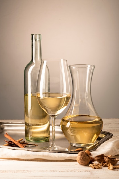 Set of wine bottle with glass and carafe