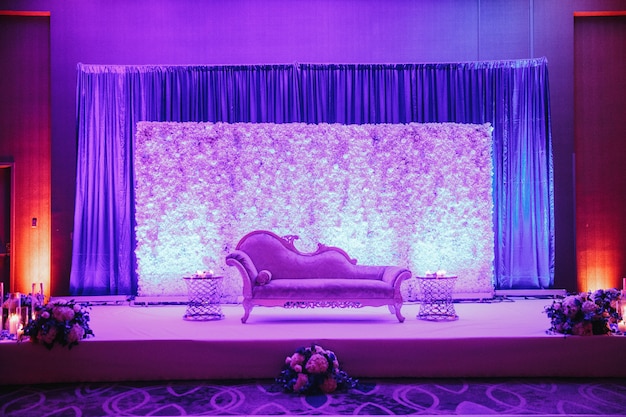 set with sofa, flowers an boquets in violet colours