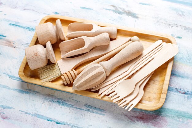 Set of wooden kitchen utensils,top view