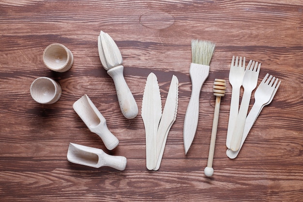 Set of wooden kitchen utensils,top view