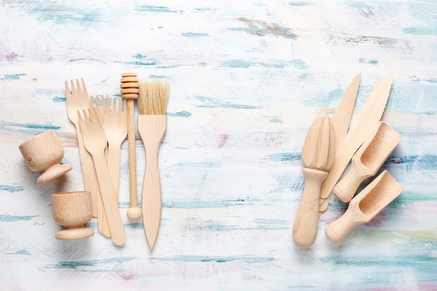 Set of wooden kitchen utensils,top view