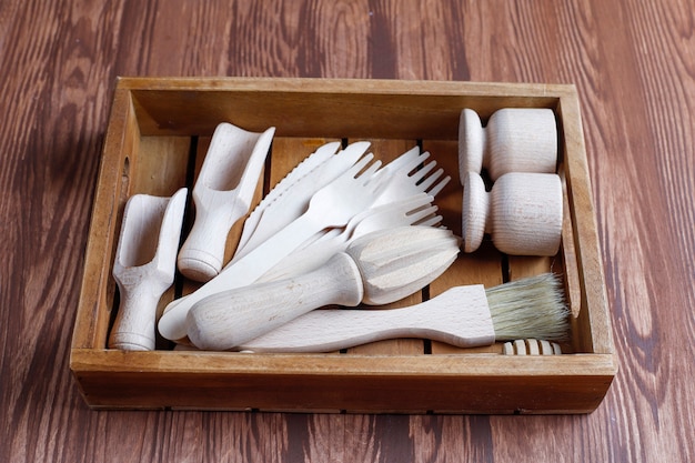 Set of wooden kitchen utensils,top view