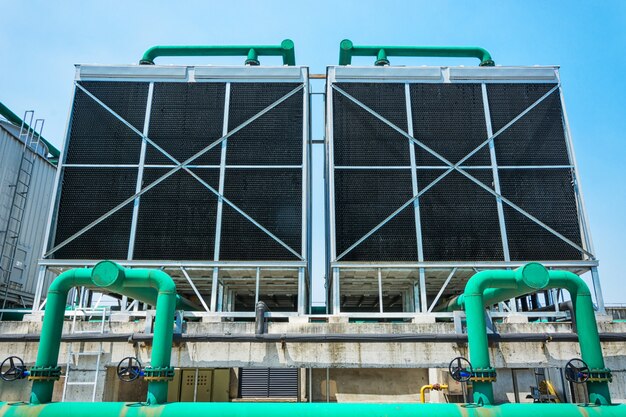 Sets of cooling towers in data center building.