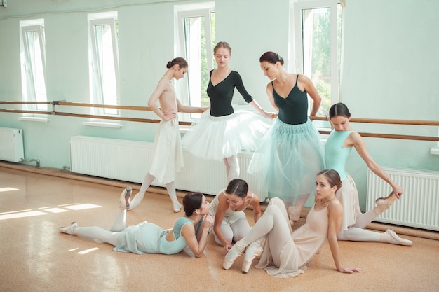 The seven ballerinas at ballet bar